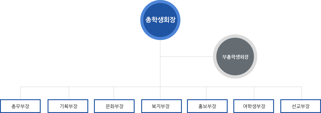 총학생회장밑에 부총학생회장밑에 총무부장, 기획부장, 문화부장, 복지부장, 홍보부장, 여학생부장, 선교부장이 있음